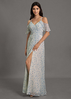 Azazie Dakota Robes de demoiselle d'honneur Robe Trapèze en Mousseline de soie Col V plissé Floral Azur image2