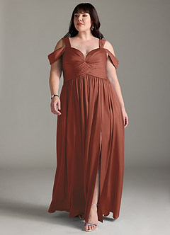 Azazie Lianne Bridesmaid Dresses Auburn A-Line Off the Shoulder Stretch Satin Dress image11