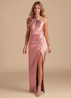 Azazie Zaya Robes de demoiselle d'honneur Robe Fourreau en Satiné métallisé Plissée Rose Poussiéreuse image3