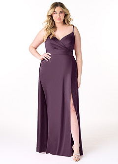 Azazie Dalilah Final Sale Plum A-Line V-Neck Pleated Stretch Satin Dress image6