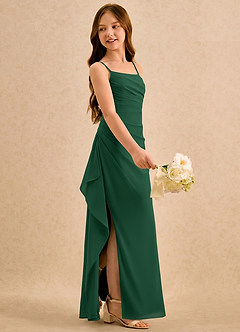 Azazie Cannoli Girls Formal Robe Demoiselle D'honneur Fillette Robe Trapèze en Mousseline de soie Plissé Vert Foncé image4