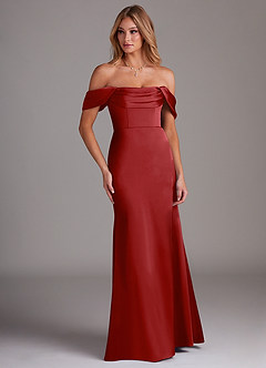 Azazie Saige Bridesmaid Dresses Pomegranate Sheath Off the Shoulder Stretch Satin Dress image4