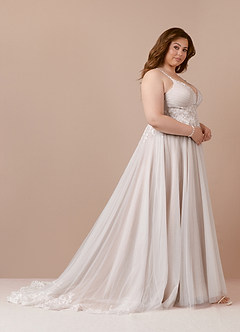 Azazie Devi Vestidos de novia Vestido de Blanco Diamante Nude de Tul de Corte en A con Encaje Cuello V image15