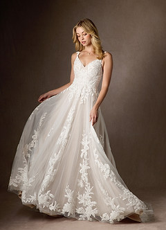 Azazie Delaina Vestidos de novia Vestido de Blanco Diamante Arena de Tul de Corte en A con Lentejuelas cuello pico image4