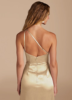Azazie Mika Bridesmaid Dresses Champagne Sheath One Shoulder Metallic Satin Dress image2