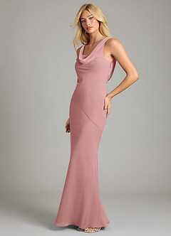 Azazie Rylina Vestidos de damas de honor Vestido de Rosa Polvorienta de Gasa de Corte Sirena con Plisado image4