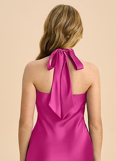 Azazie Chickie Junior Vestido de Fucsia de Satén Elástico de Corte Recto con Plisado image6