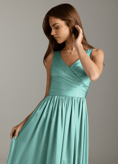Azazie Keyla Brautjungfernkleider A-Linie Plissee Stretch-Satin Kleid Aqua image7