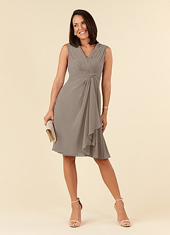 Azazie Theron Mother of the Bride Dresses Taupe A-Line V-Neck Pleated Chiffon Dress image1