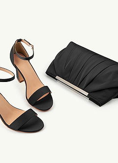 front Ensemble de sandales à talons compensés en satin stretch et pochette plissée assorties