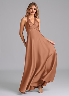 Azazie Tessie Bridesmaid Dresses Bronzer A-Line Pleated Stretch Satin Dress image4