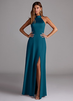 Azazie Myra Robes de demoiselle d'honneur Robe Trapèze en Satin extensible Fente Latérale Bleu Encre image3