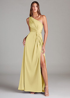 Azazie Brooke Bridesmaid Dresses Lemon Sorbet A-Line One Shoulder Stretch Satin Dress image1