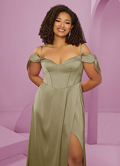 Barbie ♥ Azazie Bridesmaid Dresses Moss Green A-Line Off the Shoulder Stretch Satin Dress image13