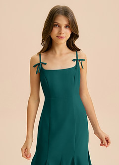 Azazie Evey Junior Abito Sirena in Chiffon Plissettato Verde Pavone image6