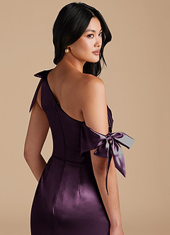 Azazie Xyla Bridesmaid Dresses Plum Sheath Off the Shoulder Metallic Satin Convertible Dress image3