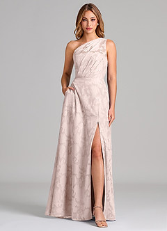 Azazie Phaedra Bridesmaid Dresses Blushing Pink A-Line One Shoulder Floral Burnout Dress image1