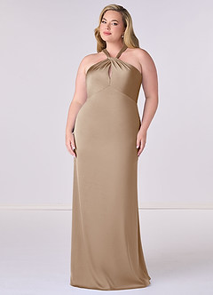 Barbie ♥ Azazie Bridesmaid Dresses Taupe Sheath Stretch Satin Dress image7