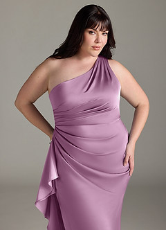 Azazie Latrice Bridesmaid Dresses Wisteria Sheath One Shoulder Cascading Ruffles Stretch Satin Dress image10