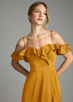 Azazie Lyra Bridesmaid Dresses Butterscotch A-Line Off the Shoulder Stretch Satin Convertible Dress image11