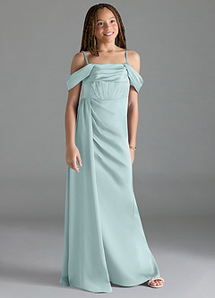 Azazie Amyra Junior Sea Glass Sheath Off the Shoulder Stretch Satin Dress image3