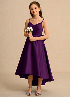 Azazie Sweets Junior Formal Flower Girl Dresses Grape A-Line Pleated Matte Satin Dress image1