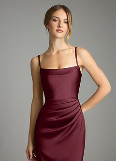 Azazie Leonis Bridesmaid Dresses Cabernet Mermaid Pleated Stretch Satin Convertible Dress image3