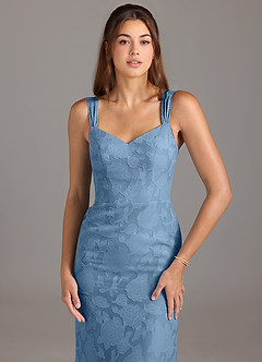 Azazie Denice Bridesmaid Dresses Steel Blue A-Line Pleated Floral Burnout Dress image4
