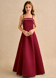 Azazie Izel Junior Formal Abiti da Ragazza di Fiori Abito A-Line in Raso Opaco Plissettato Avorio Borgogna image6