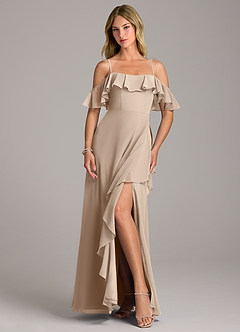Azazie Aubrie Bridesmaid Dresses Taupe A-Line Off the Shoulder Chiffon Dress image4