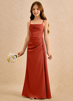 Azazie Shyla Girls Formal Flower Girl Dresses Rust Sheath Pleated Stretch Satin Dress image3