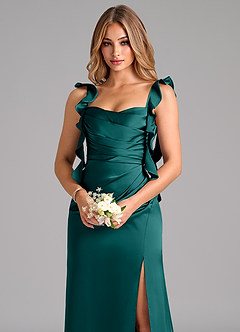 Azazie Jessamine Bridesmaid Dresses Peacock A-Line Corset Stretch Satin Dress image7