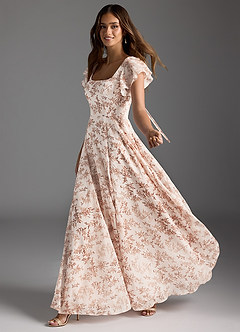 Azazie Bondi Robes de demoiselle d'honneur Robe Trapèze en Mousseline de soie Volant Fougère Rose Florale image3