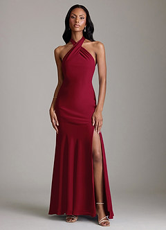 Azazie Lorena Vestidos de damas de honor Vestido de Borgoña de Gasa de Corte Sirena con Plisado image1