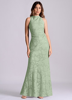 Azazie Evadne Final Sale Dusty Sage Sheath Pleated Floral Burnout Dress image1