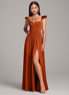 Azazie Denisse Bridesmaid Dresses Burnt Orange A-Line Ruched Stretch Satin Dress image4