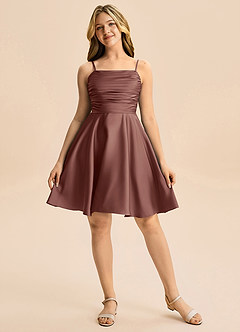 Azazie Miko Junior A라인 주름진 스트레치 새틴 미니 주니어 신부 들러리 드레스 image5