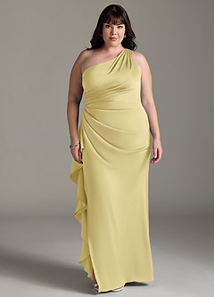 Azazie Latrice Bridesmaid Dresses Lemon Sorbet Sheath One Shoulder Cascading Ruffles Stretch Satin Dress image6