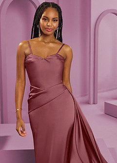 Barbie ♥ Azazie Robes de demoiselle d'honneur Robe Fourreau Convertible en Satin extensible Sans bretelle Rose Du Désert image4