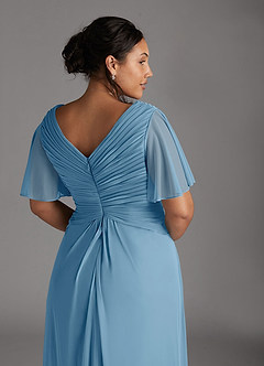 Azazie Emmeline Mother of the Bride Dresses Steel Blue A-Line V-Neck Pleated Mesh Dress image11