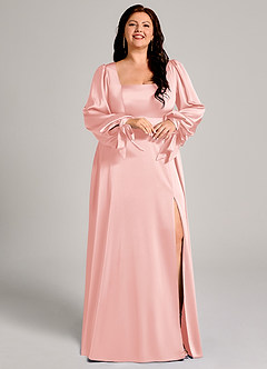 Azazie Leonia Bridesmaid Dresses Powder Pink A-Line Long Sleeve Stretch Satin Dress image12