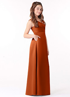 Azazie Sadia Junior Burnt Orange A-Line Pleated Stretch Satin Dress image2