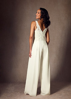 Azazie Florine Wedding Dresses Cream Pant Styles V-Neck Lace Chiffon Dress image3