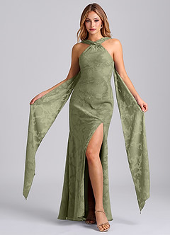 Azazie Kinsley Final Sale Pistachio Mermaid Pleated Floral Burnout Dress image5