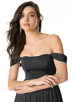 Azazie Morana Vestidos de damas de honor Vestido de Negro de Satén Elástico de Corte en A Convertible con Vestidos sin tirantes image5