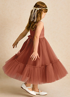 Azazie Miracle Blumenmädchenkleider A-Linie Schleifen Matte Satin Kleid Rotbraun image5