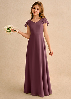 Azazie Nari Girls Formal Flower Girl Dresses Sangria A-Line with Sleeves Chiffon Dress image1