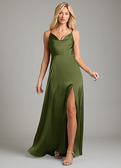 Azazie Sarella Bridesmaid Dresses Olive A-Line Pleated Stretch Satin Dress image6