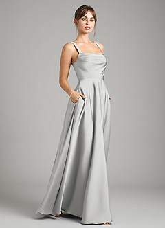Azazie Shaude Bridesmaid Dresses Silver A-Line Pleated Stretch Satin Dress image6