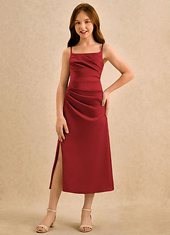 Azazie Canna Girls Formal Sukienki dla dziewczynek sypiących kwiaty Linia A Pofałdowany Satyna elastyczna Długość herbaty Sukienka image4